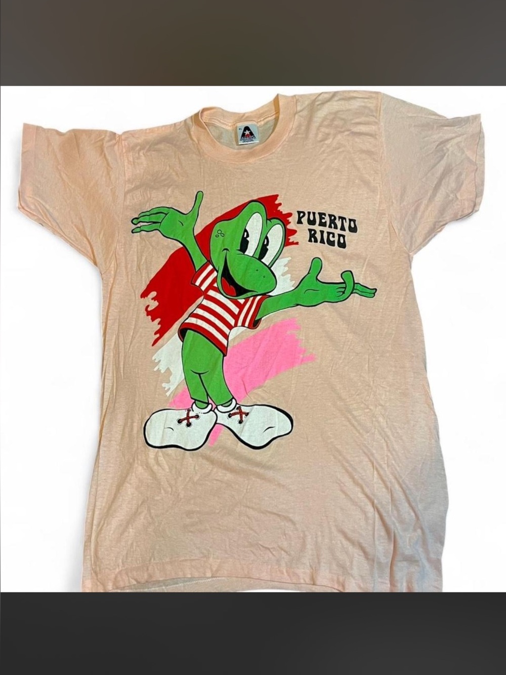 Vintage 80s Puerto Rico Frog Graphic Tee Made in USA Single Stitch Peach M/L